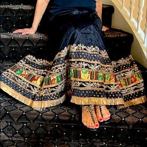 Black Boho Indian Bollywood Maxi skirt with drawstring waistline & Embroidery